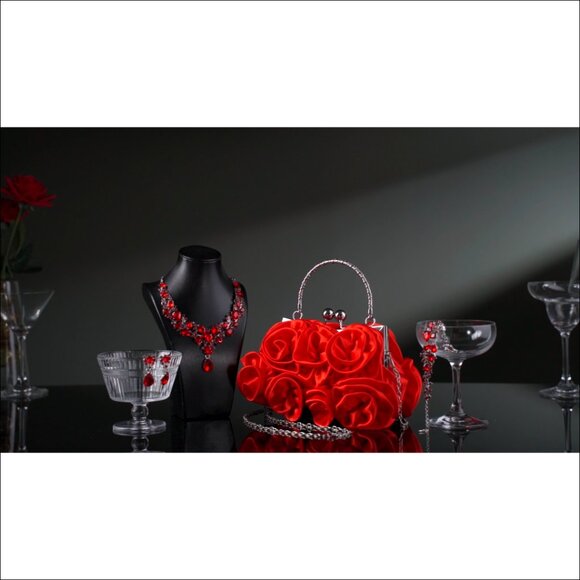 4-Piece Rhinestone Clutch Set with Detachable Strap, Necklace, Earrings,